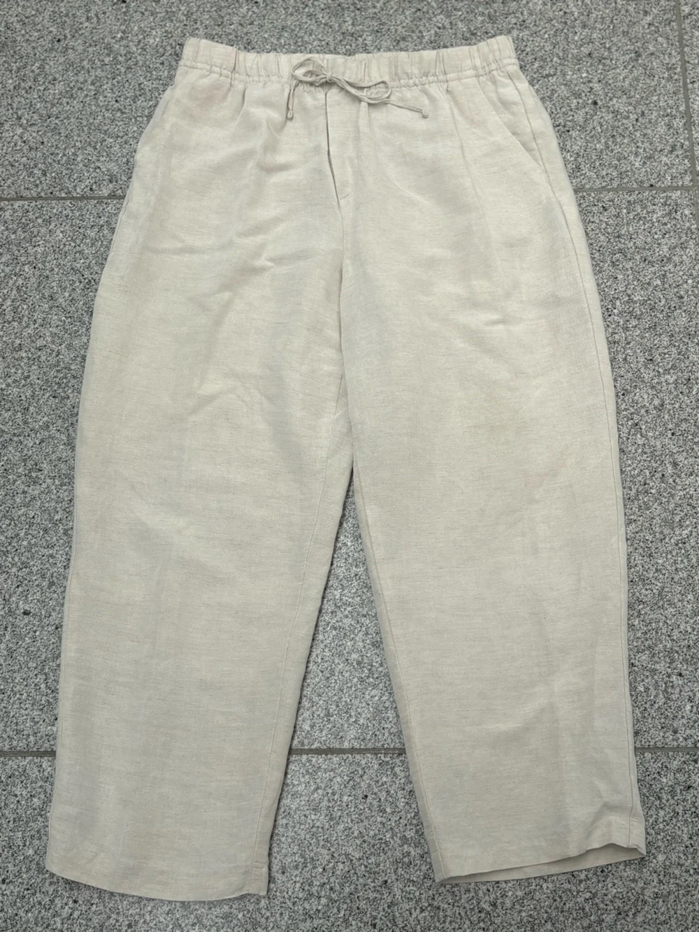 H&M Beige Cropped Drawstring Linen-Blend Pants